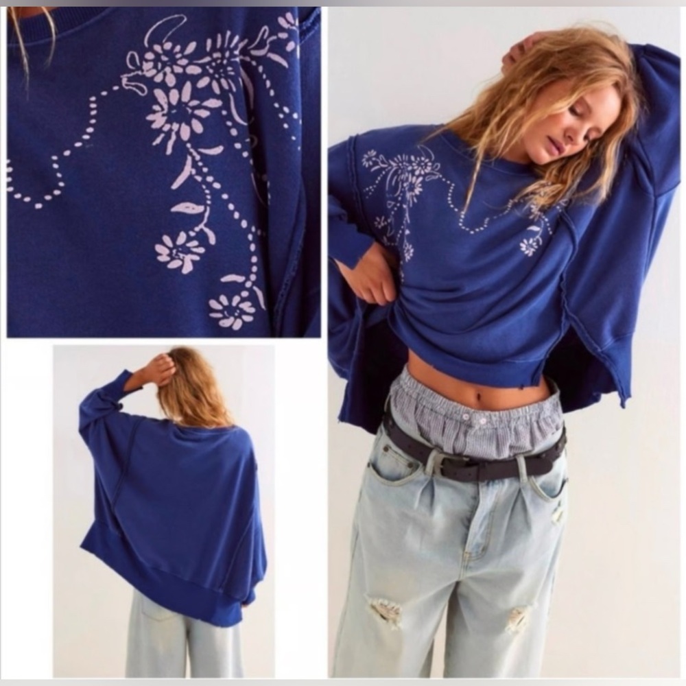Free People Graphic Camden Pullover Blue Floral Oversized Spring Western